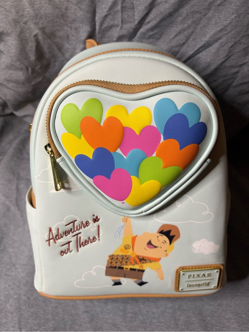 Loungefly White Pixar Up Ellie Heart Backpack with Multicolor Hearts